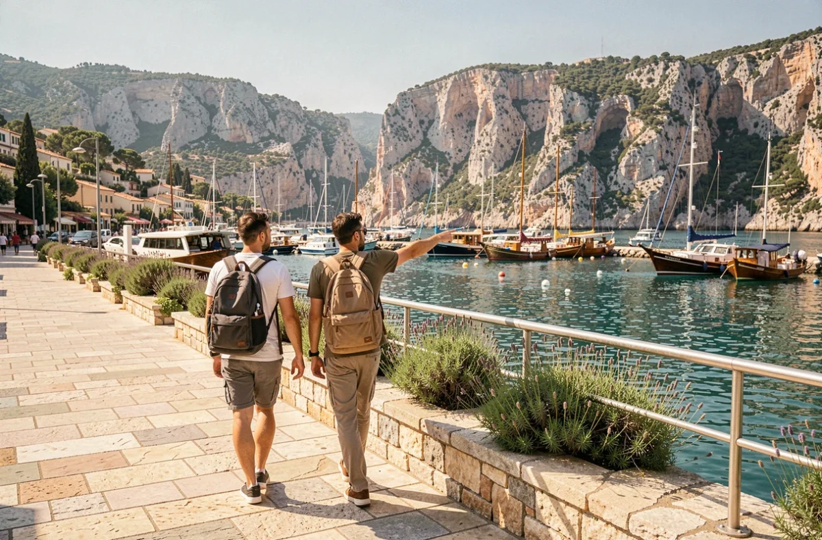 Couple de touristes se promenant sur le front de mer de Cassis après leur arrivée en train, avec le port et les falaises en arrière-plan