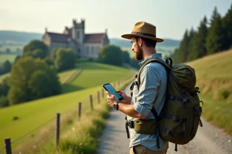 Homme en randonnée regardant une carte digitale en pleine nature