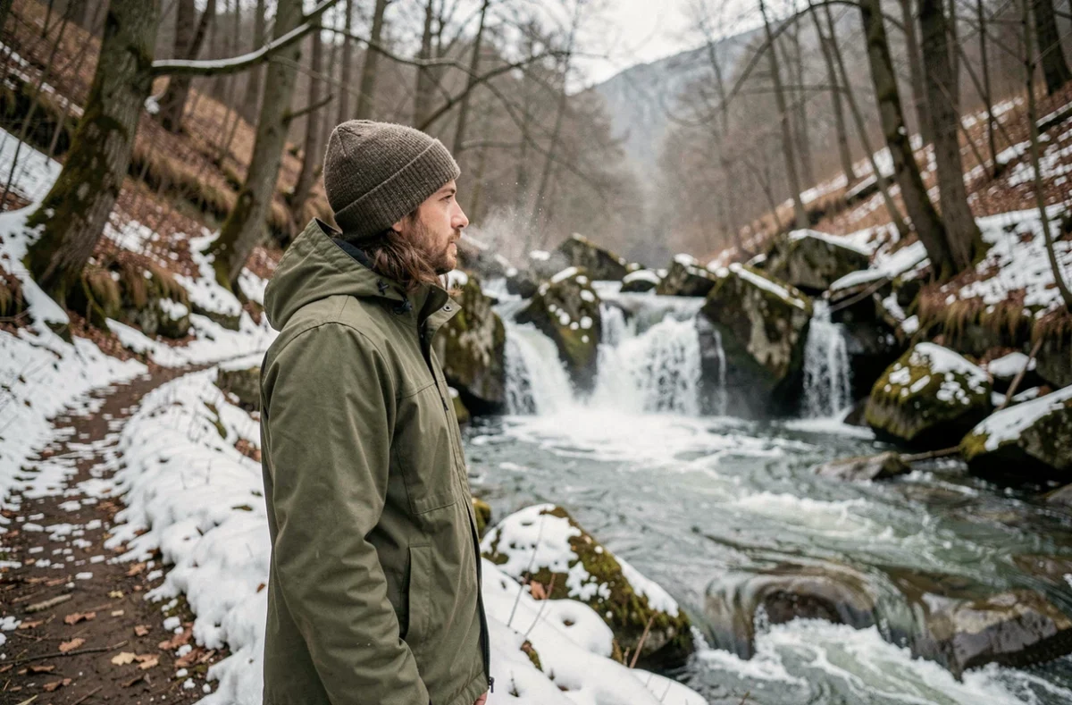 Randonneur observant un ruisseau hivernal près de la cascade de la Vis dans la vallée encaissée et boisée
