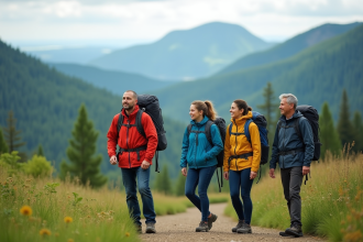 Groupe de randonneurs dans un parc naturel avec vue panoramique