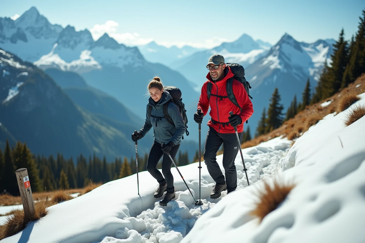 Deux randonneurs traversant une neige en altitude sur le Tour du Mont-Blanc avec prairies alpines et sommets enneigés en arrière-plan