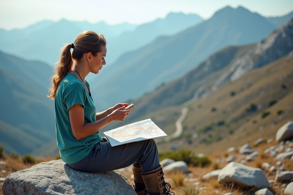 Randonneuse seule en pause sur un rocher de granite du GR20 avec carte topographique et plateau rocheux corse en arrière-plan