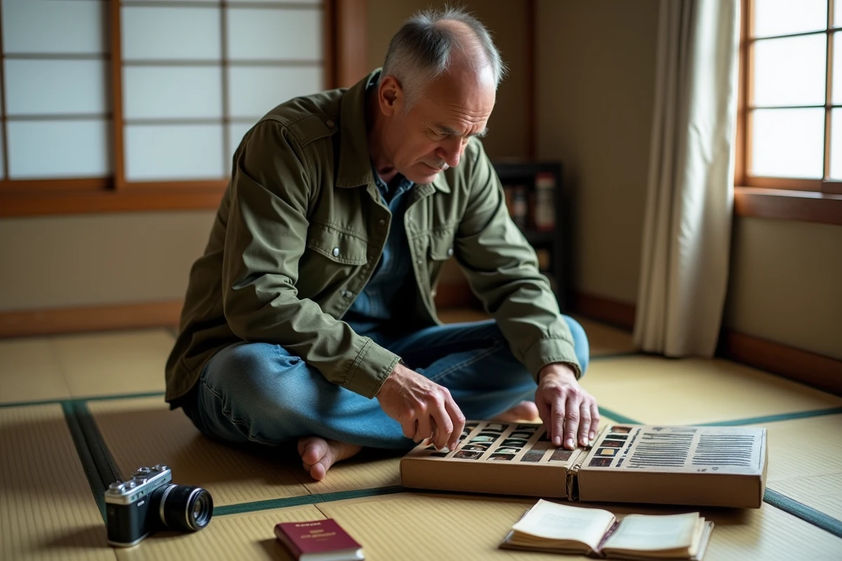 Photographe voyageur organisant ses pellicules argentiques avec le rangement OneStrip Aguila dans une chambre d'hôte japonaise