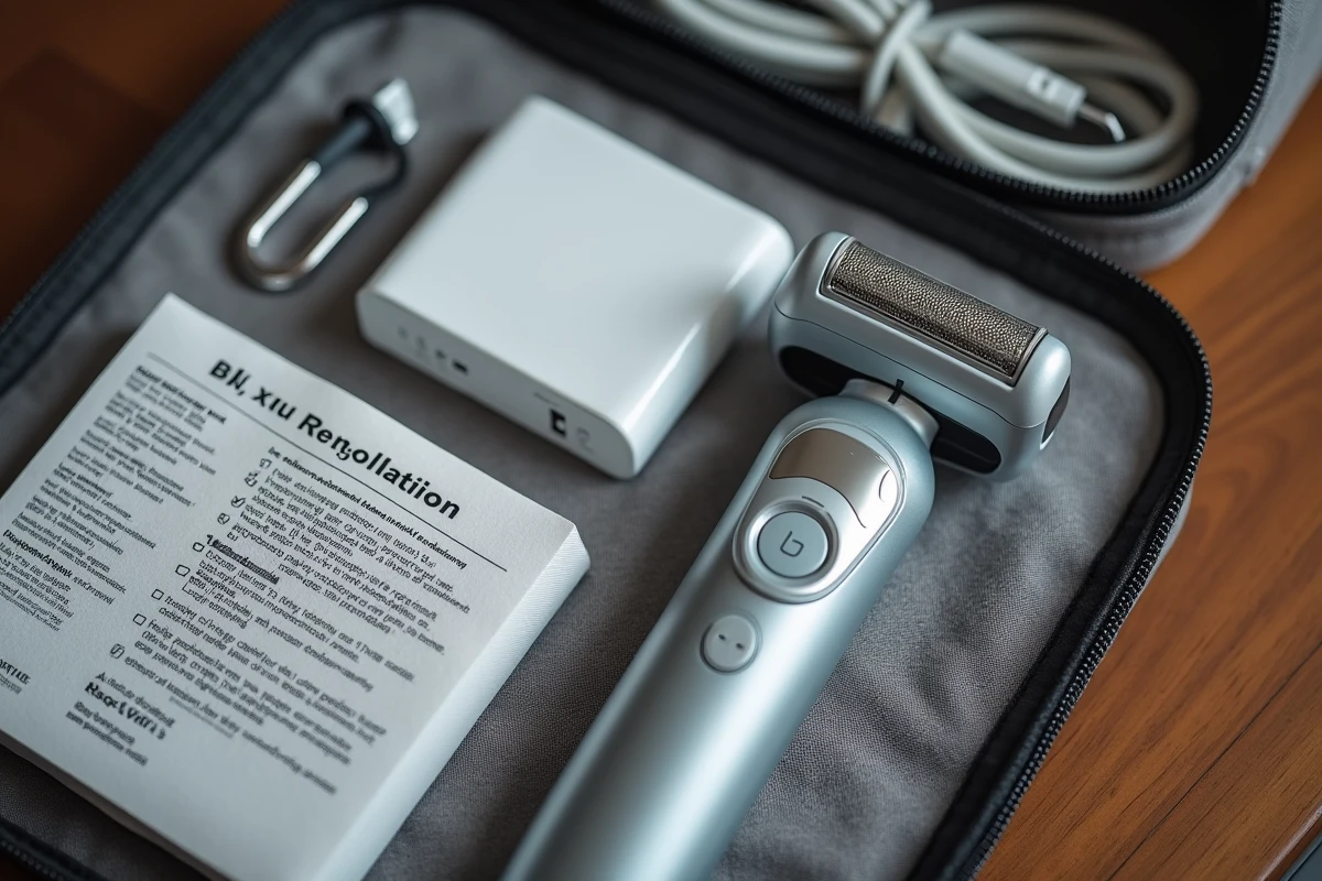 Rasoir électrique et batteries lithium disposés avec les règles de transport aérien sur une table de voyage