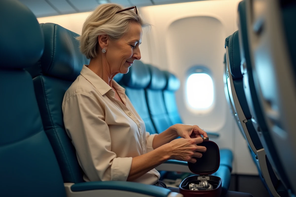 Femme sortant un rasoir électrique de son bagage cabine dans un avion