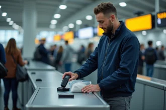 Voyageur posant un rasoir électrique et une batterie lithium dans un bac de contrôle à l'aéroport