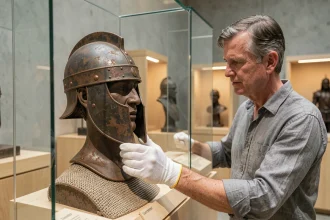 Conservateur de musée examinant une reconstitution d'équipement gaulois lié au siège d'Alésia
