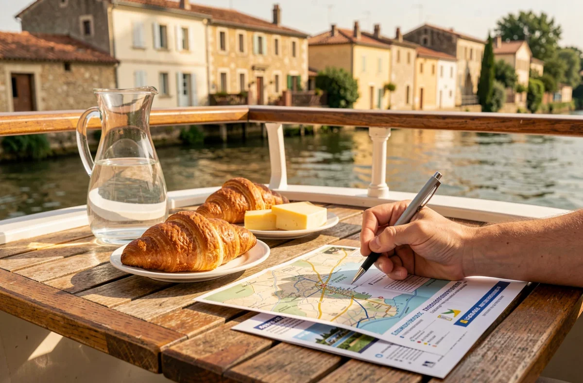 Petit-déjeuner sur le pont d'un bateau avec brochure de réservation de croisière fluviale sur le Canal du Midi