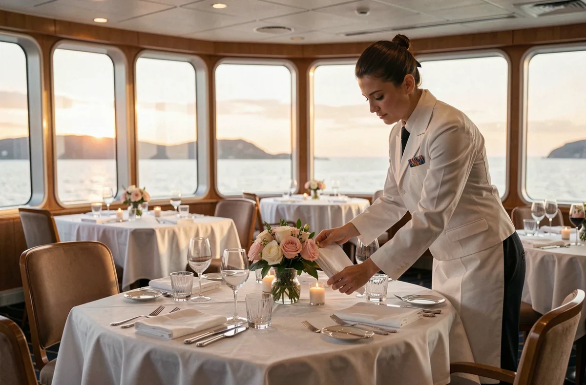 Salle à manger de luxe à bord d'un navire MSC lors d'une croisière tour du monde, table dressée avec élégance