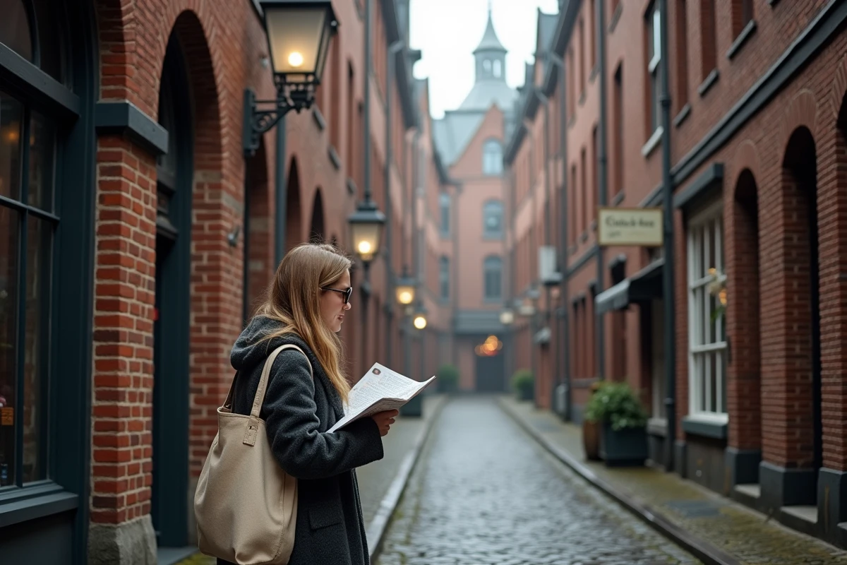 Voyageuse consultant une carte dans une ruelle médiévale pavée de l'Altstadt de Lübeck avec façades gothiques en brique