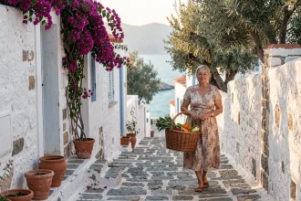 Femme grecque locale marchant dans une ruelle pavée pittoresque de Zakynthos loin des foules touristiques en juillet