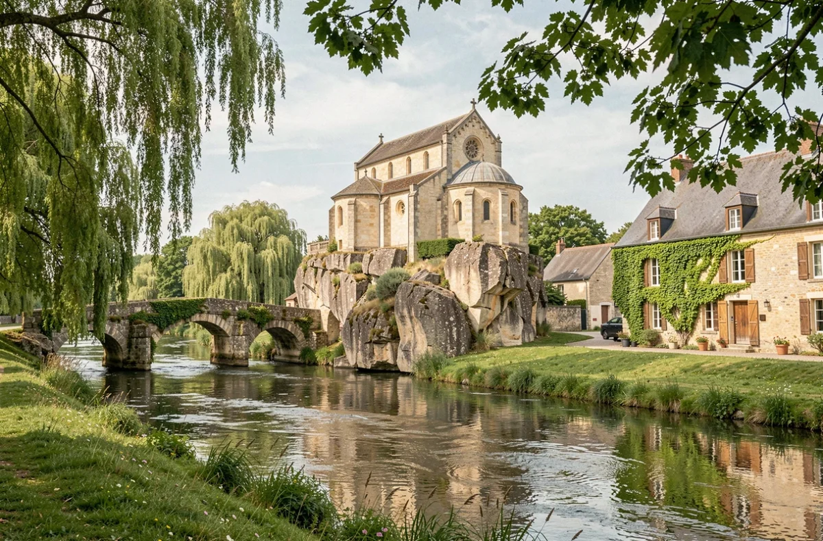 Chapelle romane de Saint-Céneri-le-Gérei sur son promontoire rocheux au bord de la Sarthe, village de peintres dans l'Orne