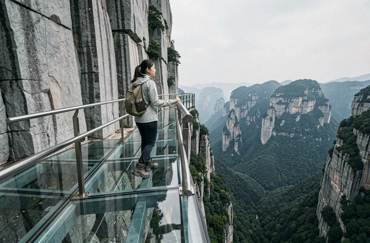 Touriste sur le skywalk en verre de Tianmen Mountain avec vue vertigineuse sur les vallées de Zhangjiajie