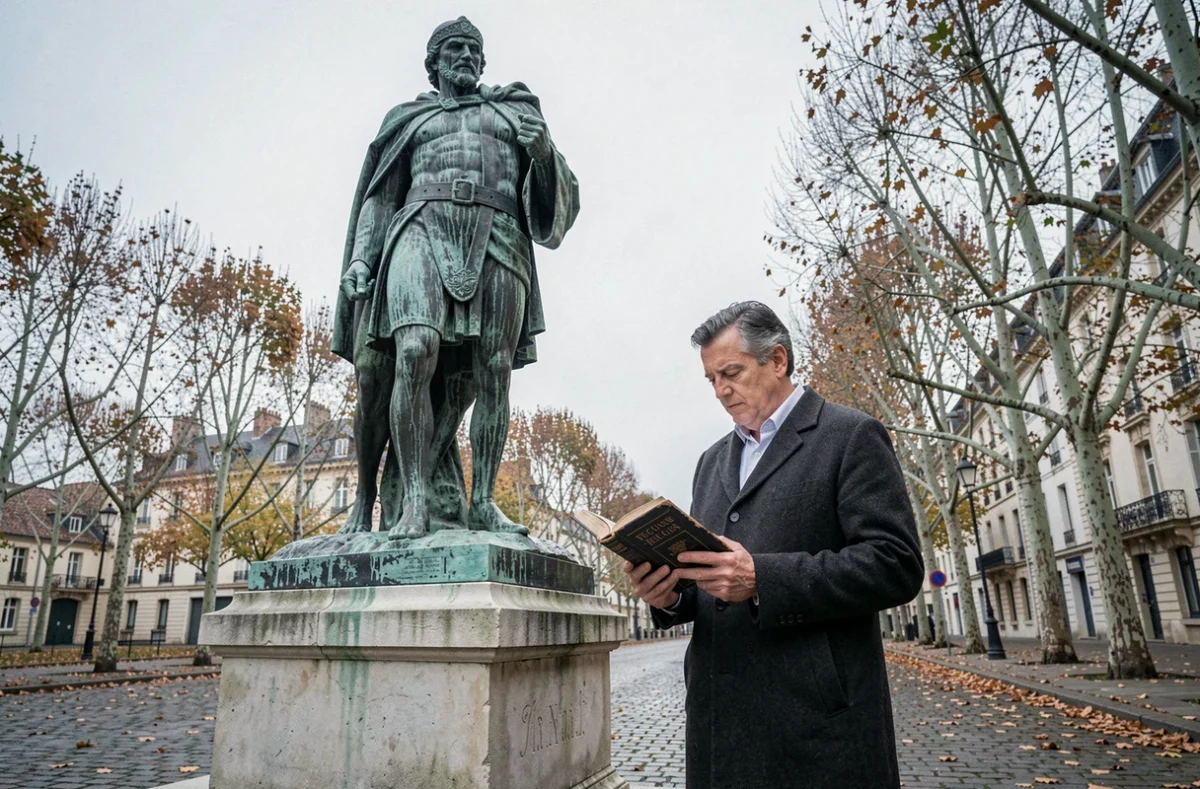 Historien devant la statue monumentale de Vercingétorix symbole de la légende gauloise
