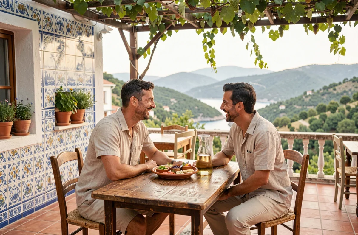 Couple profitant d'une taverne grecque traditionnelle en terrasse à Zakynthos loin de l'agitation touristique estivale