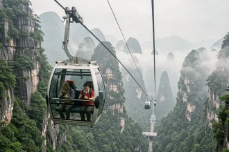 Téléphérique de Tianmen Mountain survolant les falaises karstiques brumeuses de Zhangjiajie en Chine