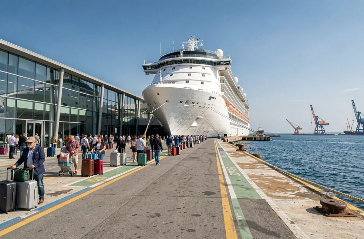 Terminal portuaire animé avec un grand navire de croisière amarré et des passagers en embarquement