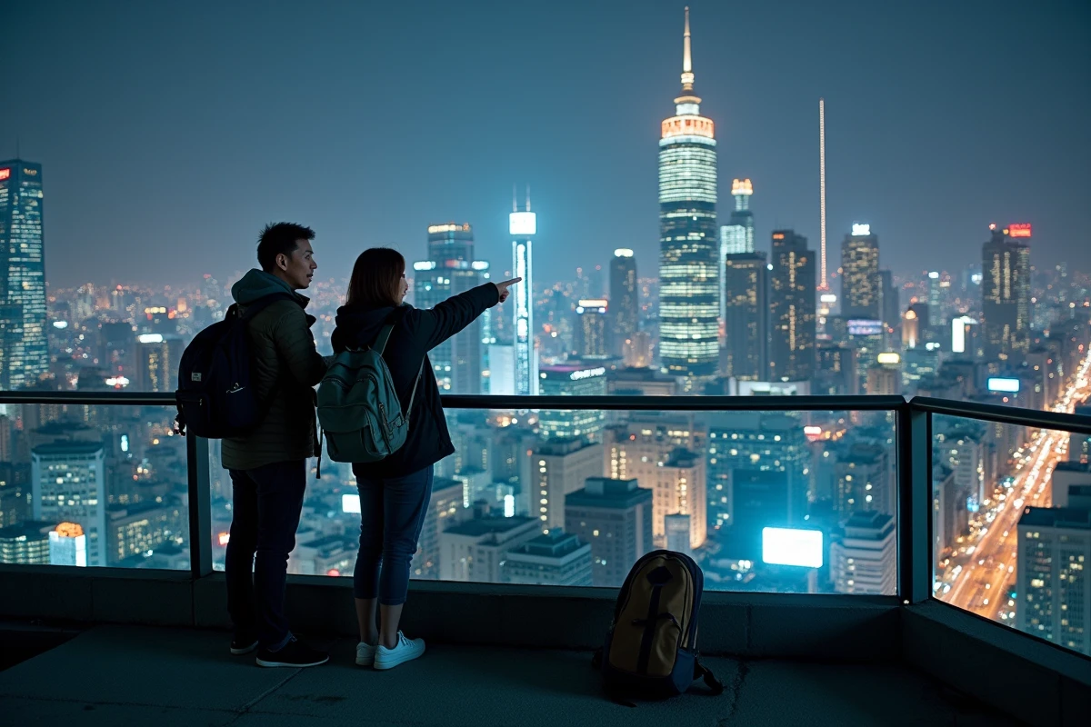 Deux touristes sur la terrasse panoramique du bâtiment du gouvernement métropolitain de Tokyo admirant le panorama nocturne de Shinjuku