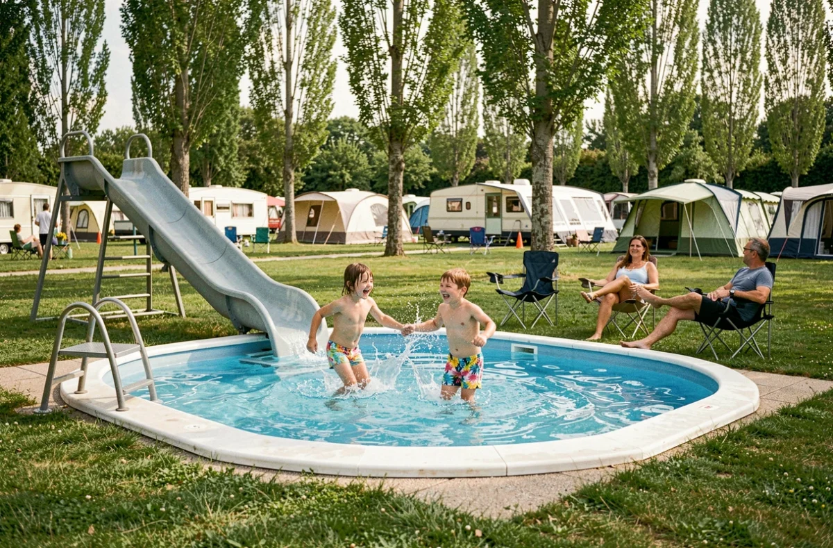 Piscine avec toboggan aquatique du camping Le Val Fleuri en Centre-Val de Loire entourée de pelouse et de peupliers