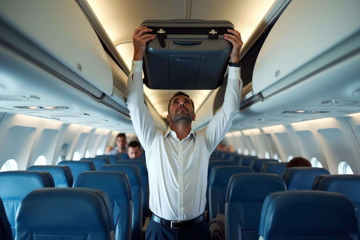 Homme d'affaires rangeant sa valise cabine dans le compartiment supérieur d'un avion