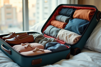 Valise ouverte bien rangée pour voyage en avion avec chaussures et vêtements