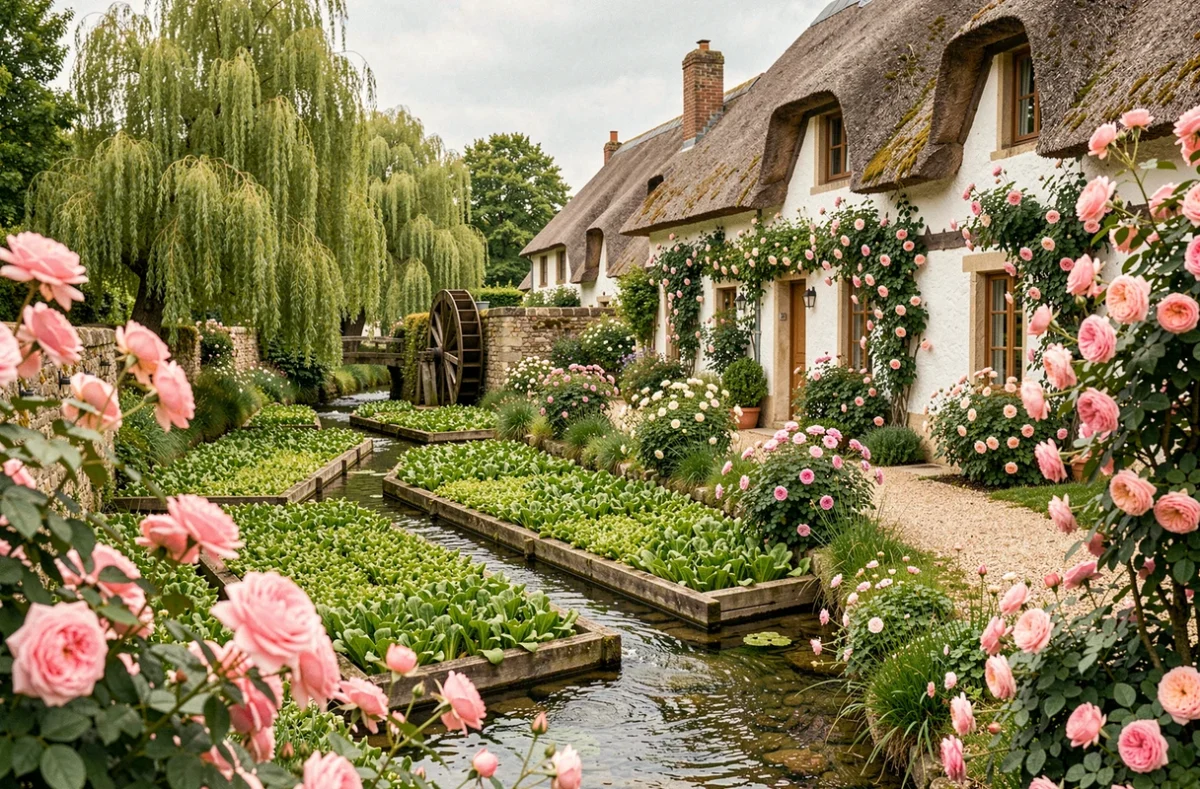 Bords de la Veules bordés de jardins de roses et de moulins à eau dans le village fleuri de Veules-les-Roses, Seine-Maritime