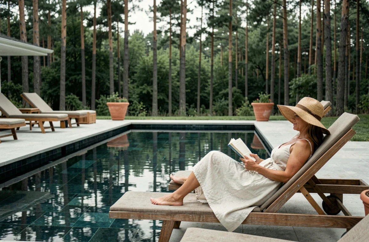 Piscine privée à carrelage sombre de la Villa Solognote à Vitry-aux-Loges entourée de la forêt solognote