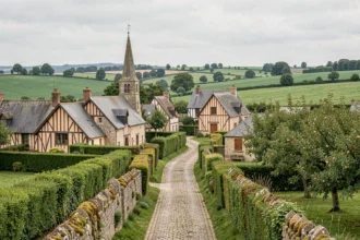 Vue panoramique d'un village typique de Normandie avec maisons à colombages, vergers et bocage normand sous un ciel nuageux