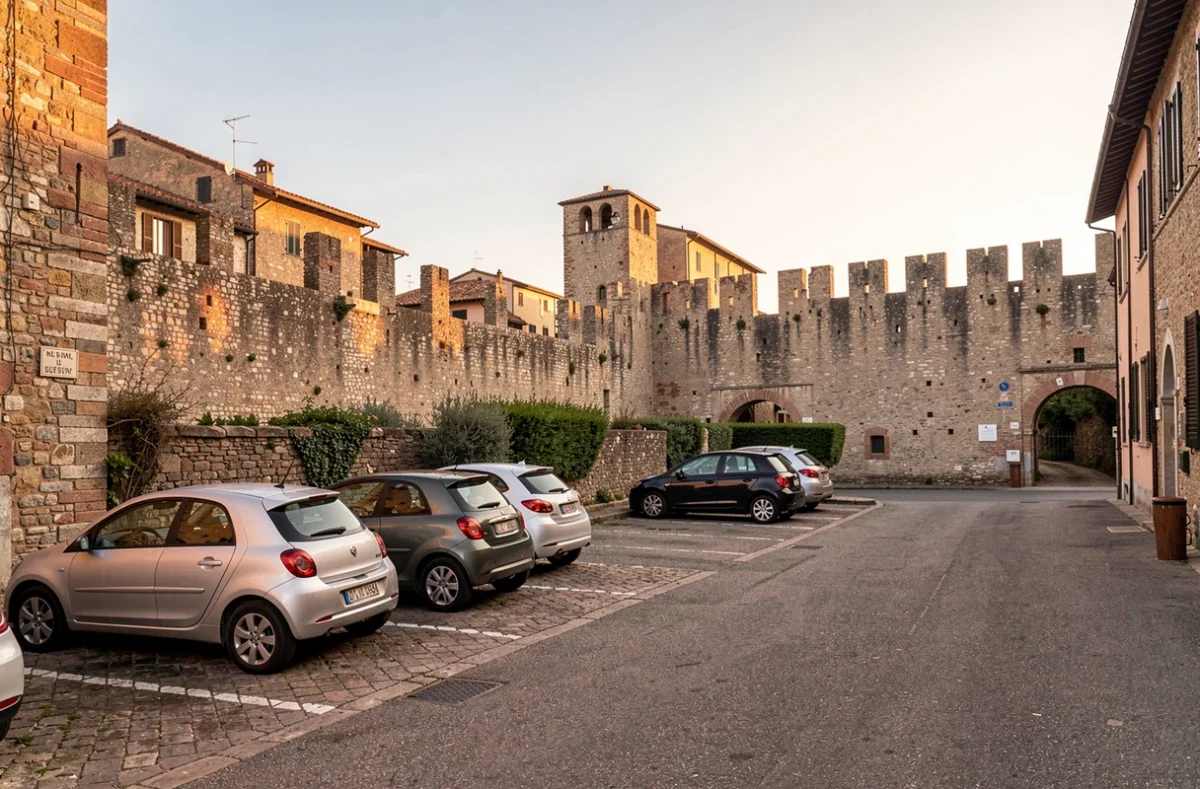 Voiture garée sur un parking en périphérie d'une ville italienne