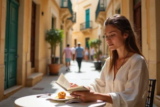 Voyageuse consultant son budget de voyage à Malte dans un café de Valletta avec des pâtisseries locales bon marché
