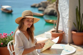 Jeune femme consultant une carte dans un café avec vue sur un port méditerranéen pour voyager à petit budget