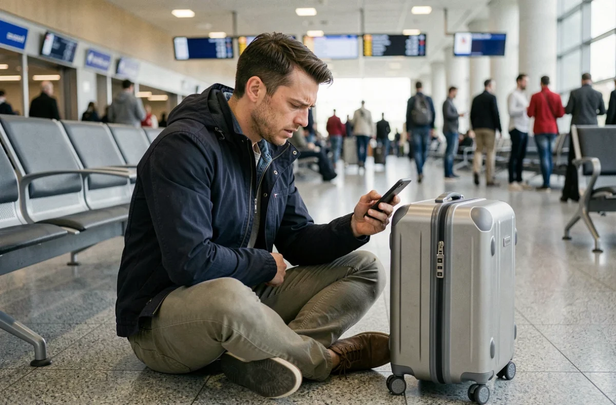 Voyageur assis dans un aéroport tentant de retrouver le code oublié de sa valise à roulettes