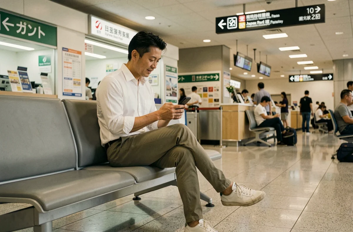 Voyageur consultant son téléphone à l'aéroport de Narita près d'un bureau de change