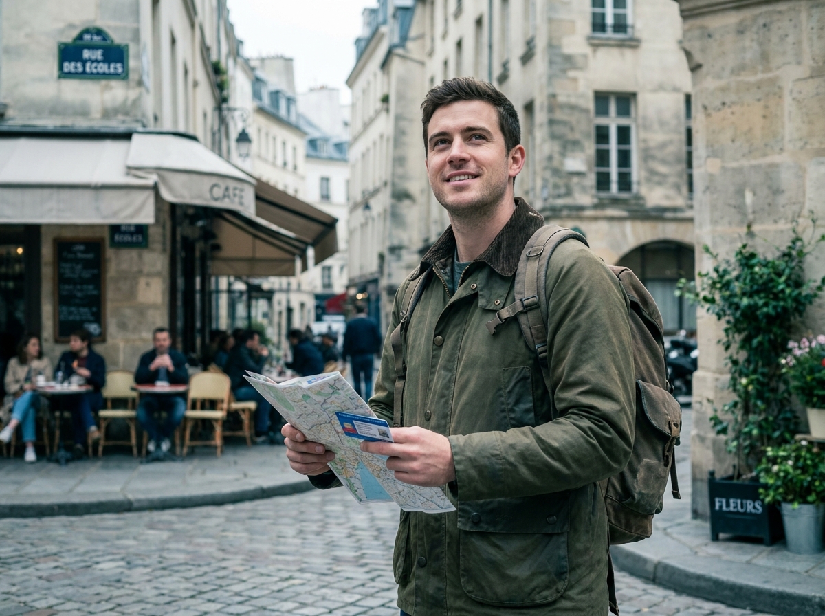 Voyageur à l'étranger consultant sa carte d'assistance voyage dans une rue européenne en toute sérénité