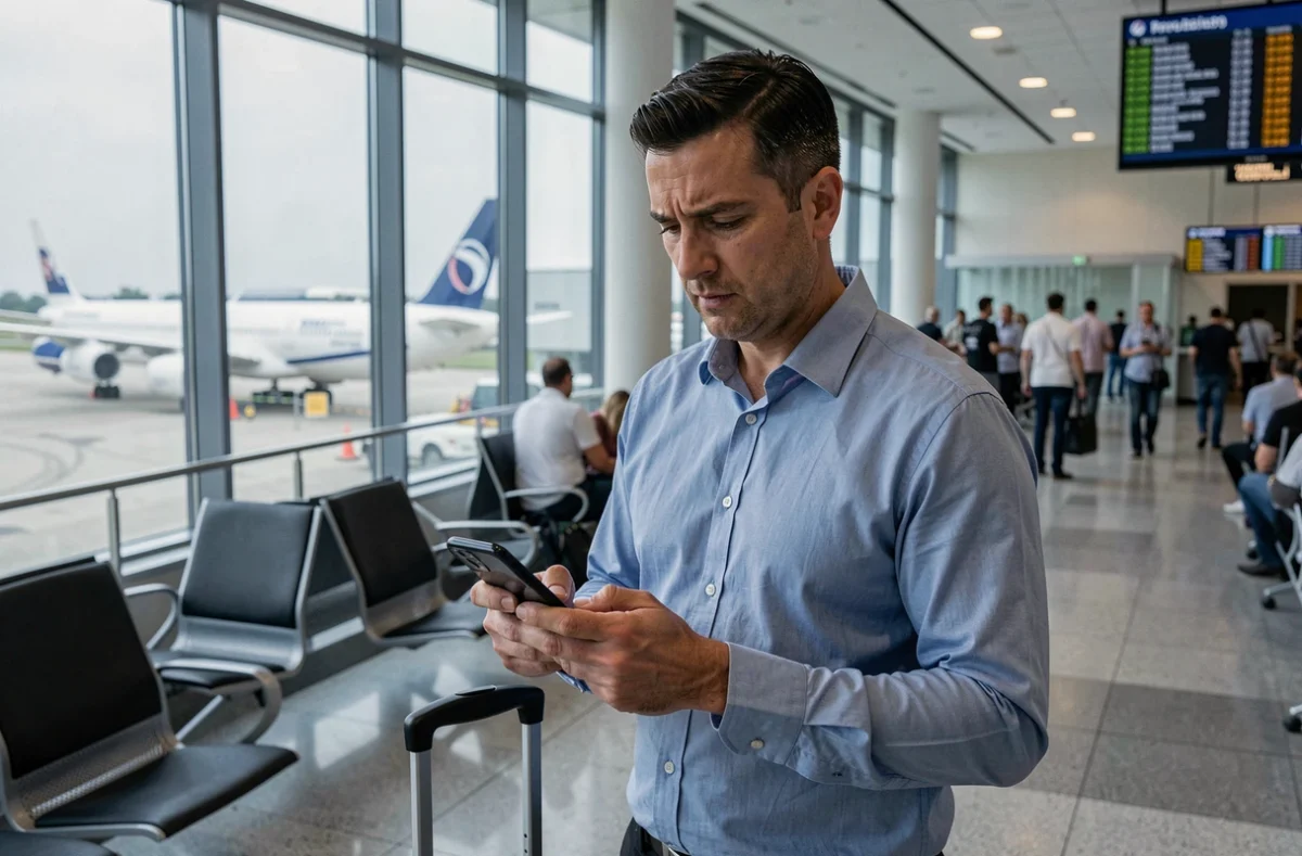 Voyageur consultant des avis AirHelp sur son smartphone dans un terminal d'aéroport