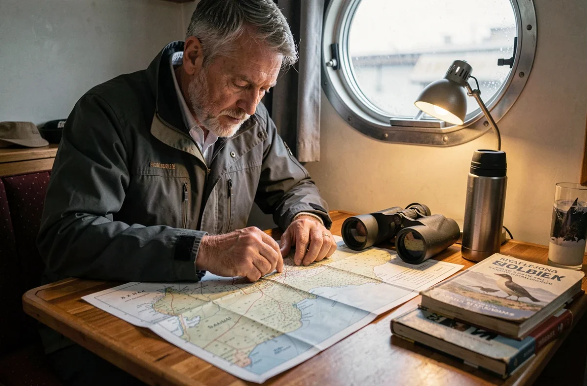 Voyageur étudiant une carte nautique de l'archipel du Svalbard dans sa cabine de bateau