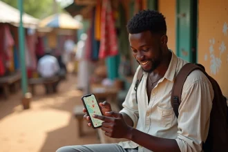 Voyageur consultant une carte offline du Sénégal sur smartphone dans un marché de Dakar