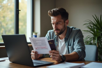 Voyageur inquiet devant son ordinateur avec documents visa et passeport