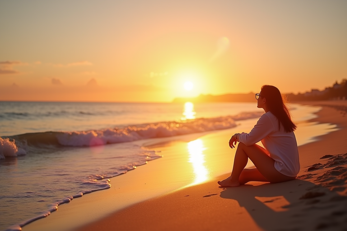 Voyageur solo profitant du coucher de soleil sur une plage tranquille
