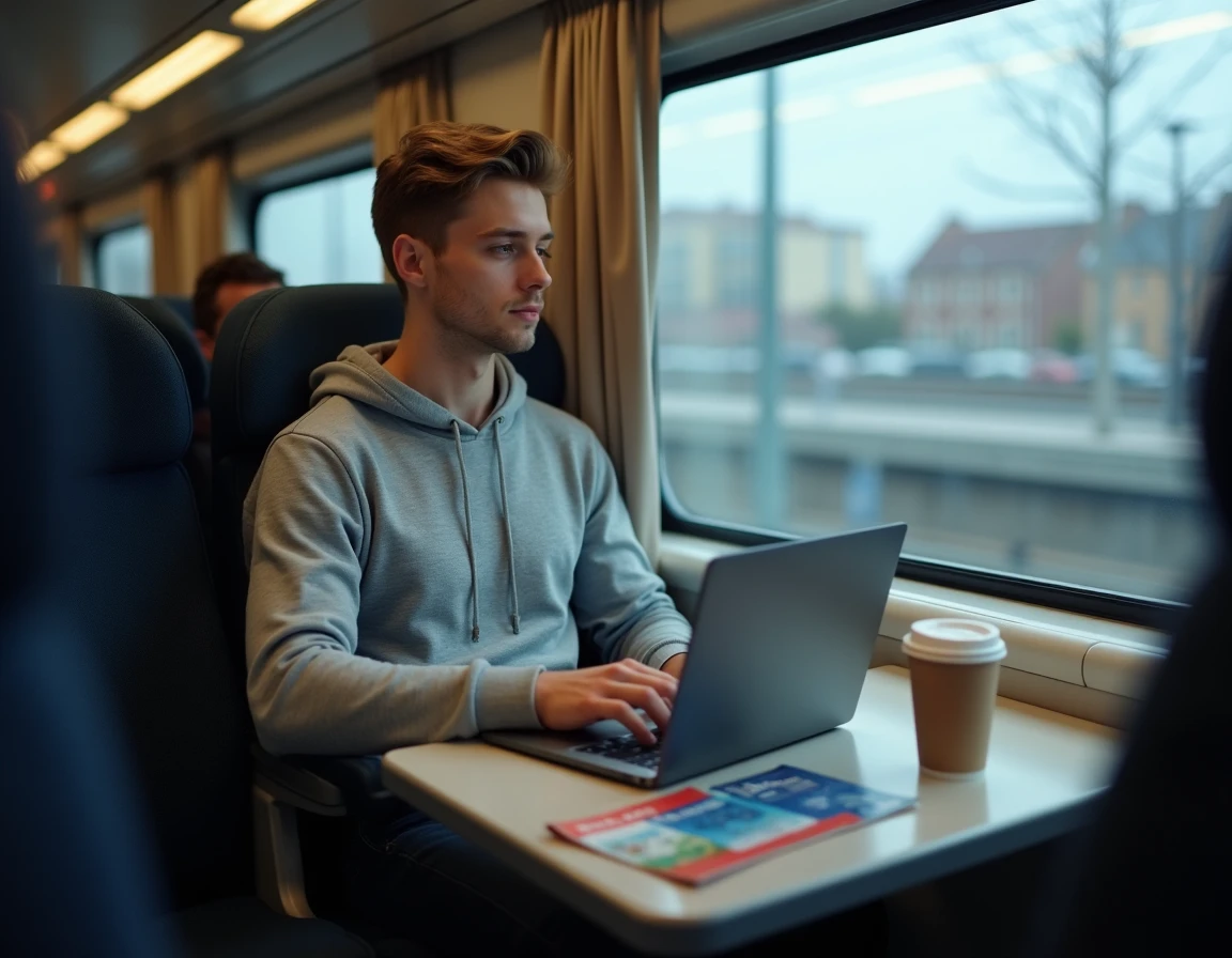 Jeune voyageur en seconde classe de train européen avec un pass Eurail posé sur la tablette, ordinateur portable ouvert
