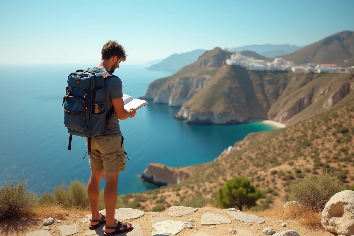 Voyageur solo avec guide de voyage consulté sur un belvédère avec panorama méditerranéen pour un budget maîtrisé