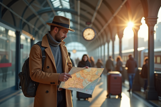 Voyageur élégant vérifiant une carte dans une gare européenne