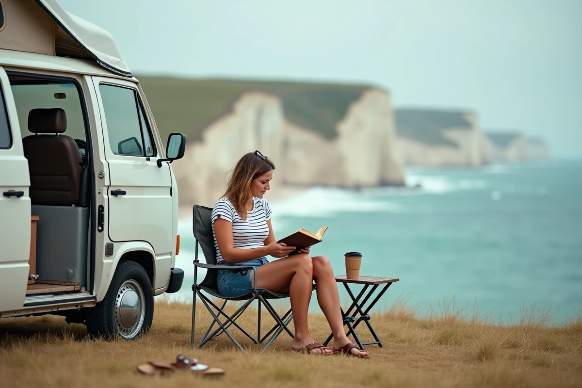 Voyageuse solo en van aménagé devant les falaises côtières françaises, voyage pas cher en août