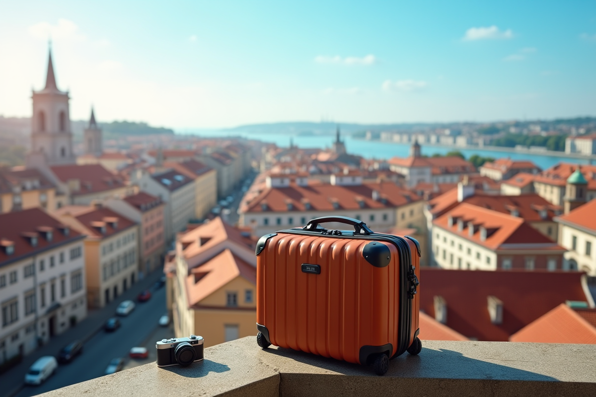 Vue aérienne d une ville européenne avec valise et appareil photo